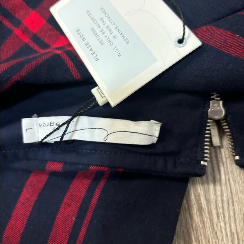 By Egreis Dress Womens Size Large  Plaid Navy Blue/ Red Long Sleeves Ruffle NWT - Picture 3 of 3
